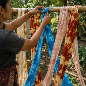 Hand-dyed Hippy Chick fabrics drying outdoors